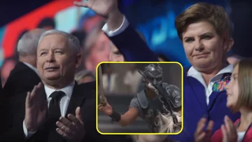 Jarosław Kaczyński i Beata Szydło oraz kadr z „Gladiatora”