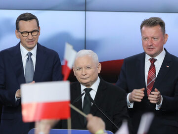 Jarosław Kaczyński oraz Mateusz Morawiecki i Mariusz Błaszczak