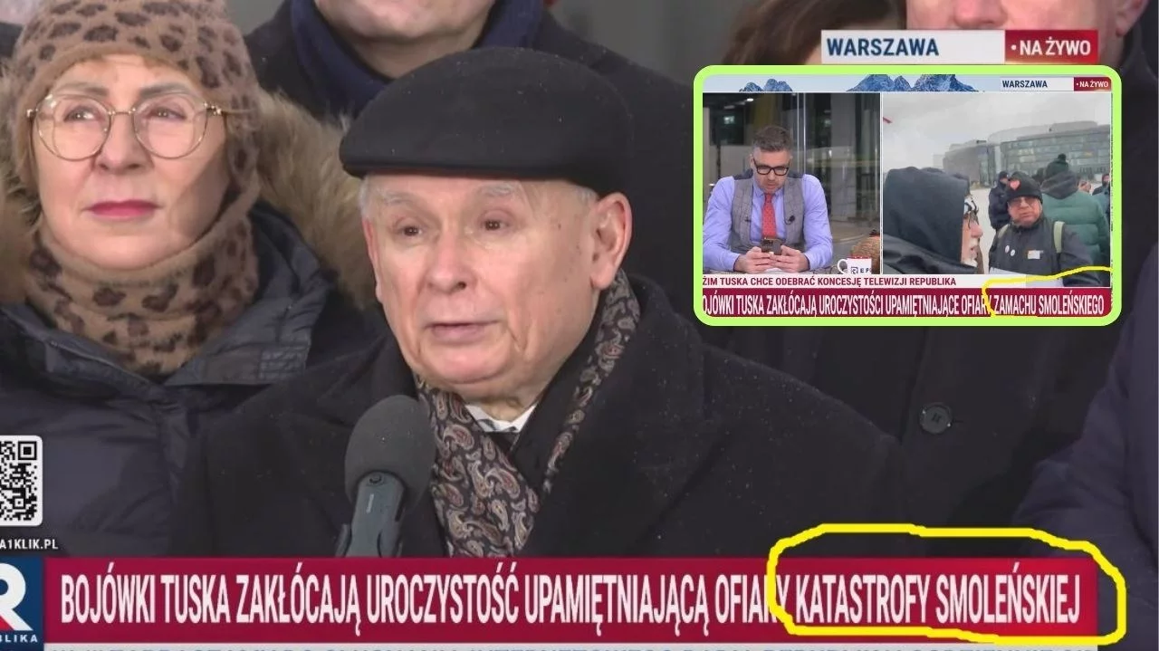 Kadry z TV Republika. Najpierw było o „katastrofie”, potem o „zamachu”