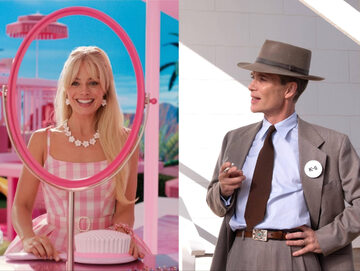 Kadry z filmów „Barbie” i „Oppenheimer”