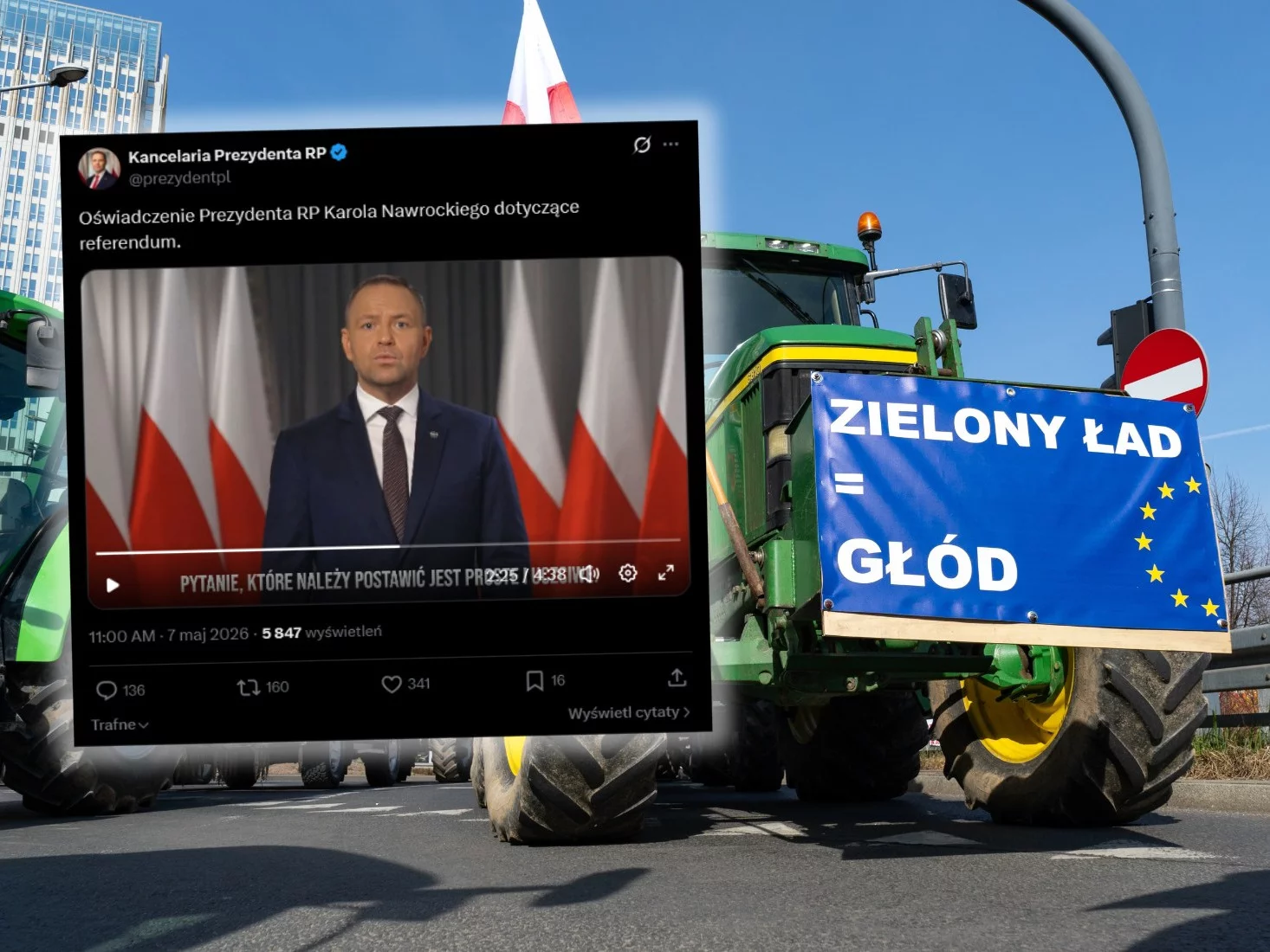 Karol Nawrocki, w tle protest rolników – zdjęcie ilustracyjne