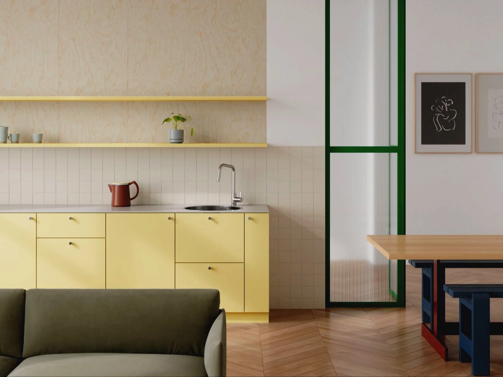 Pastelowo i optymistycznie – delikatny rysunek paneli ściennych (Sklejka Brzozowa) przekomarza się z gładkimi frontami jasnożółtych szafek (Wanilia). Do tego ultracienki blat (Szaryy Gołębi) i drobne płytki w zbliżonym odcieniu