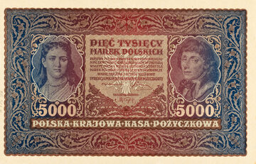 Królowa Jadwiga i Tadeusz Kościuszko na banknocie o nominale 5000 marek polskich