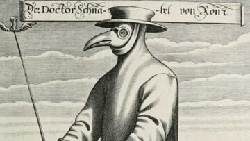 Lekarz z charakterystyczną ptasią maską z czasów epidemii dżumy w Europie, rycina Paula Fürsta z 1656 roku