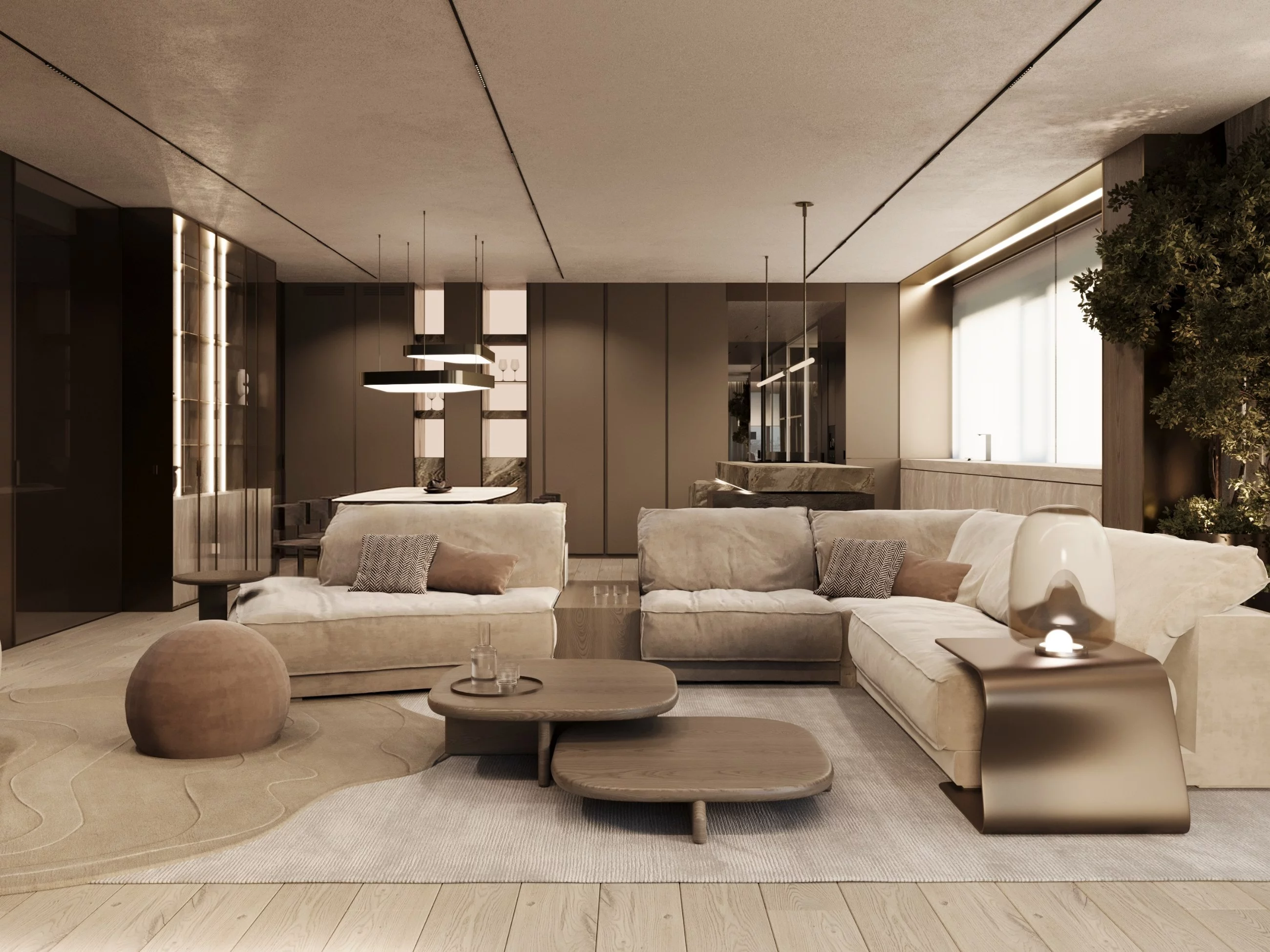 Wizualizacja strefy dziennej w stylu quiet luxury, projekt MOKAA