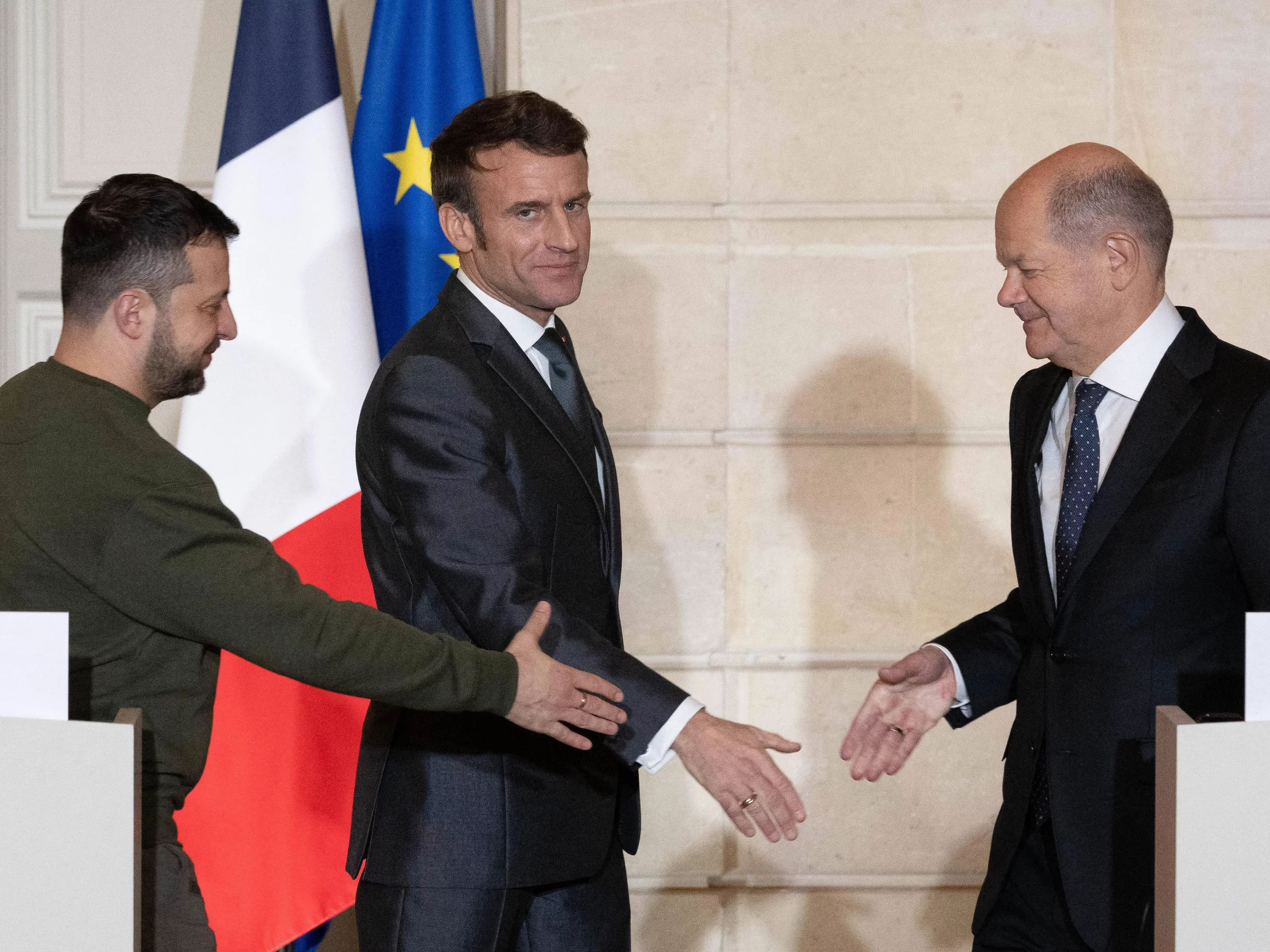 Wołodymyr Zełenski, Emmanuel Macron i Olaf Scholz