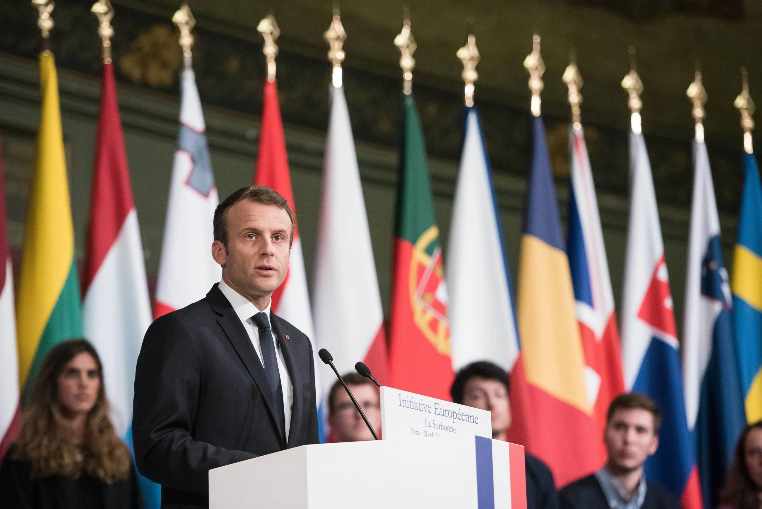 Emmanuel Macron podczas przemówienia na Sorbonie