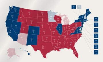 Mapa przedstawiająca prawie wszystkie wyniki wyborów w USA z poszczególnych stanów