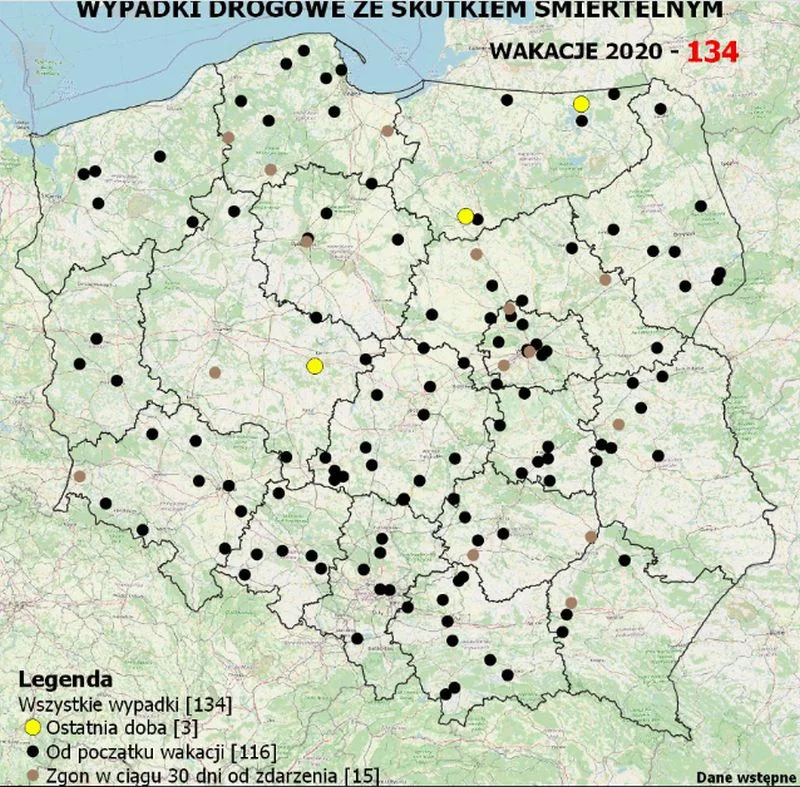 Mapa wypadków drogowych podczas wakacji 2020