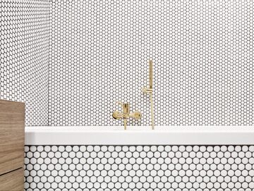 Minimalistyczna łazienka z mozaiką w kształcie kółeczek, projekt Formafatal