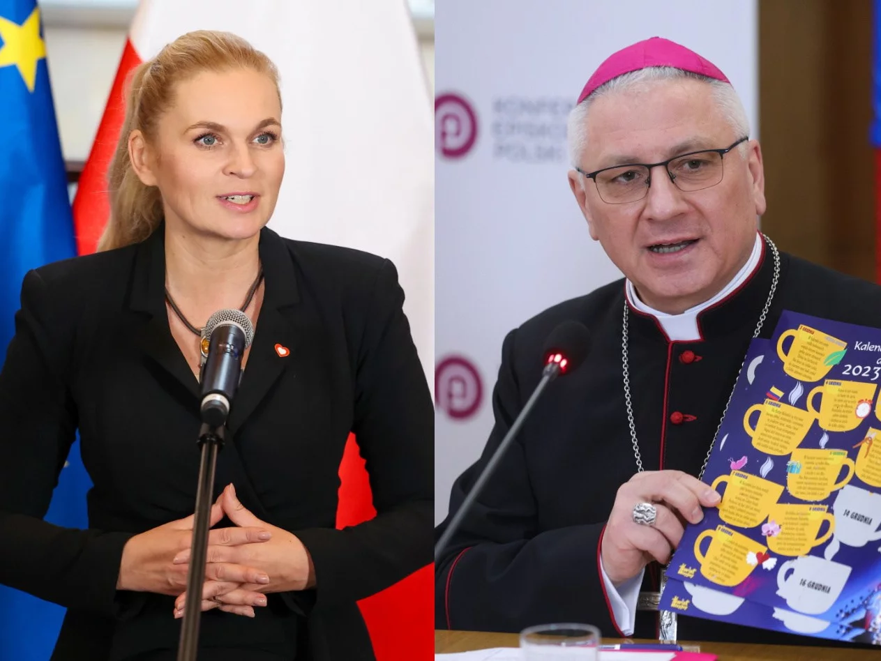 Minister edukacji Barbara Nowacka, sekretarz generalny Konferencji Episkopatu Polski, biskup Artur Miziński