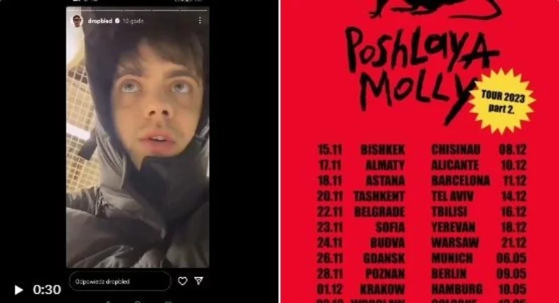 Kirył Bledny i plakat z trasą koncertową Poshlaya Molly