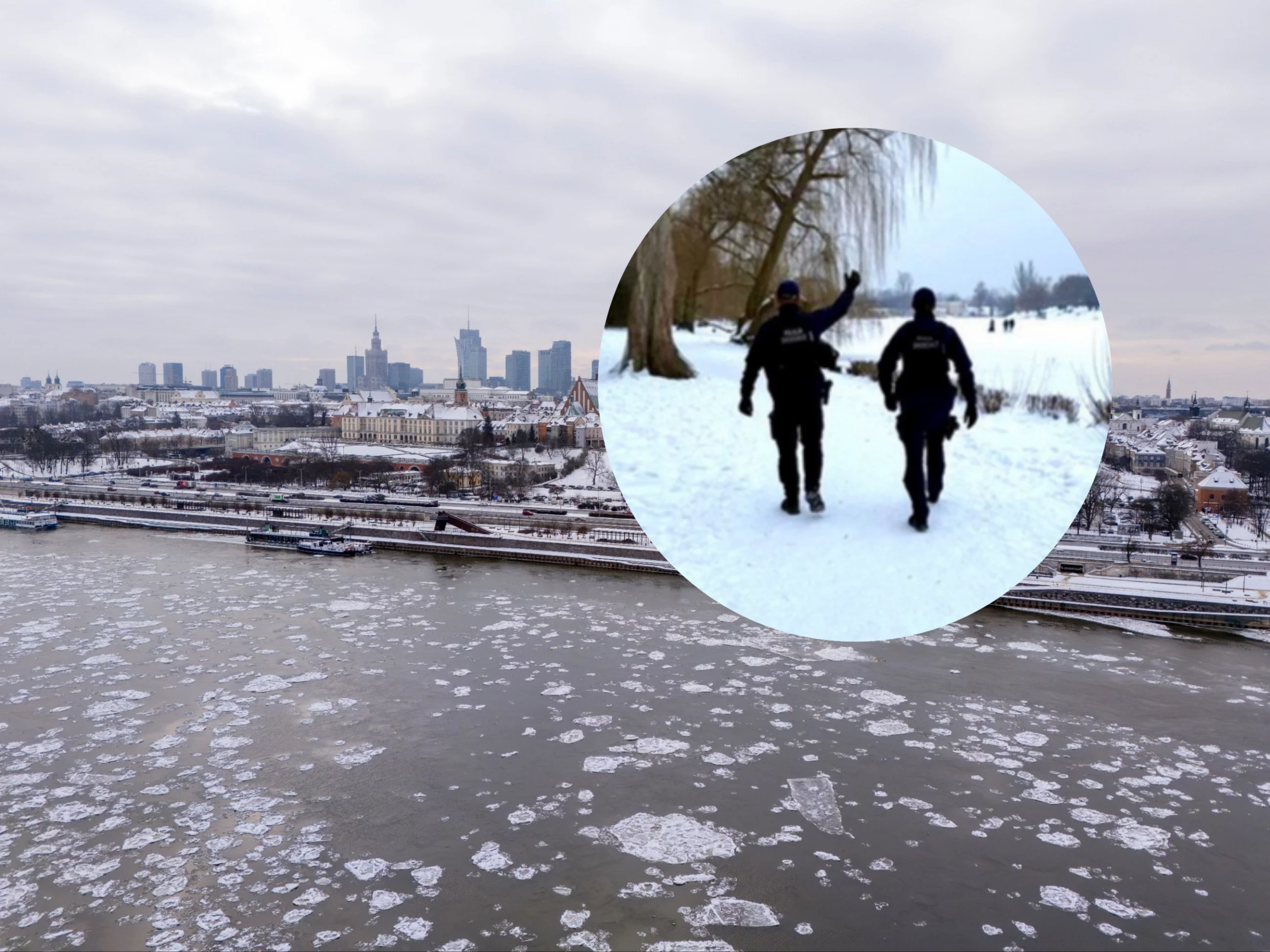 Panorama Warszawy, zdjęcie ilustracyjne / w kółku: funkcjonariusze policji