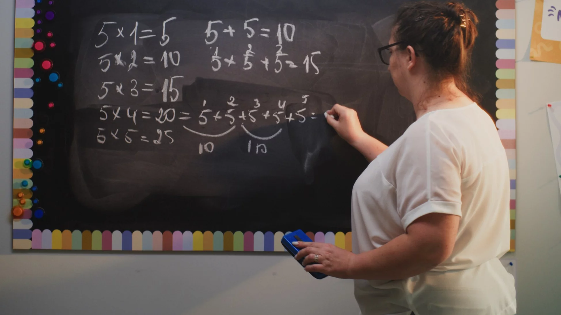 Nauczycielka przy tablicy na lekcji matematyki, zdjęcie ilustracyjne