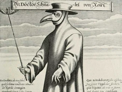 Lekarz z charakterystyczną ptasią maską z czasów epidemii dżumy w Europie, rycina Paula Fürsta z 1656 roku