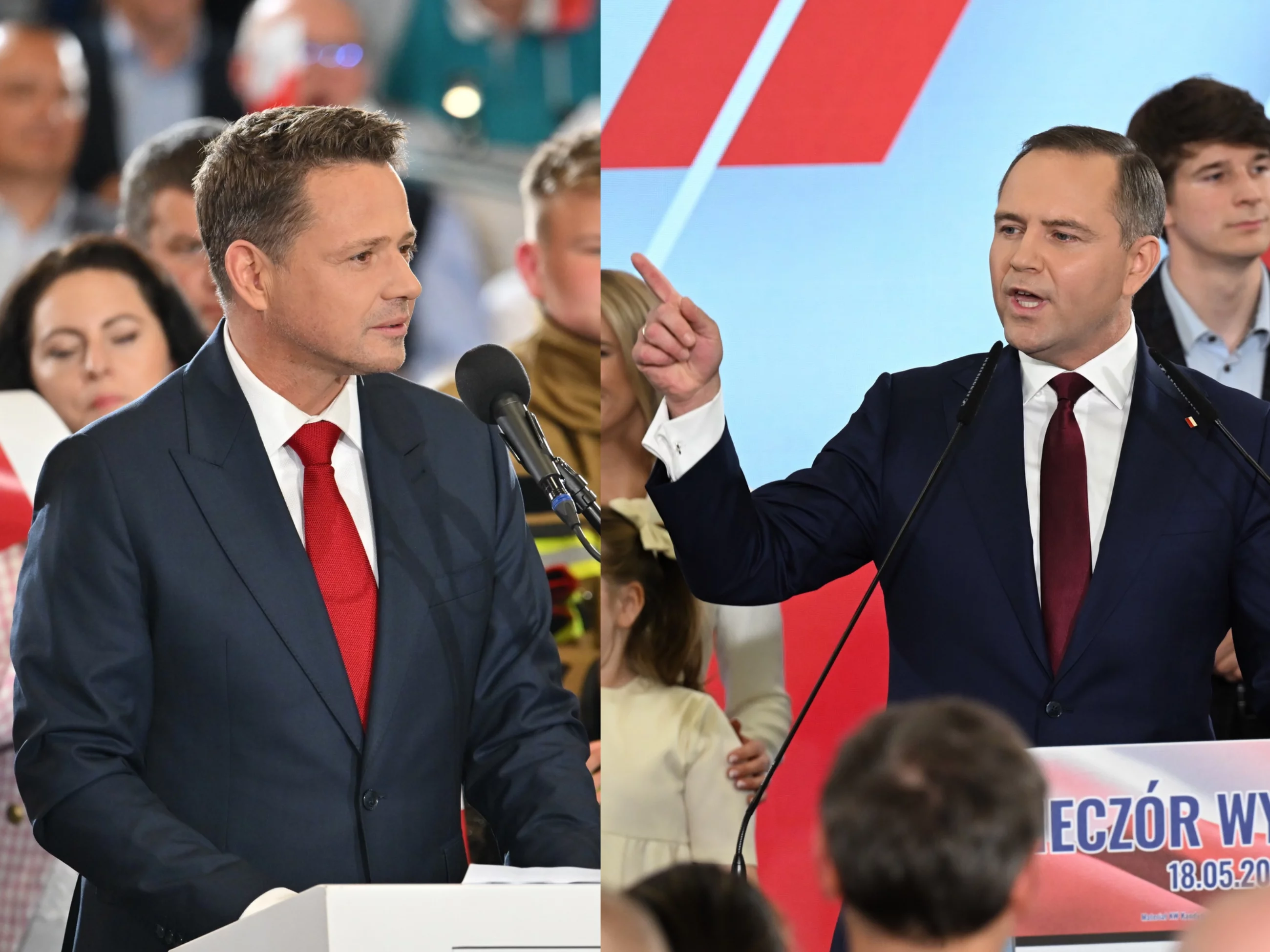 Rafał Trzaskowski i Karol Nawrocki na wieczorach wyborczych w swoich sztabach