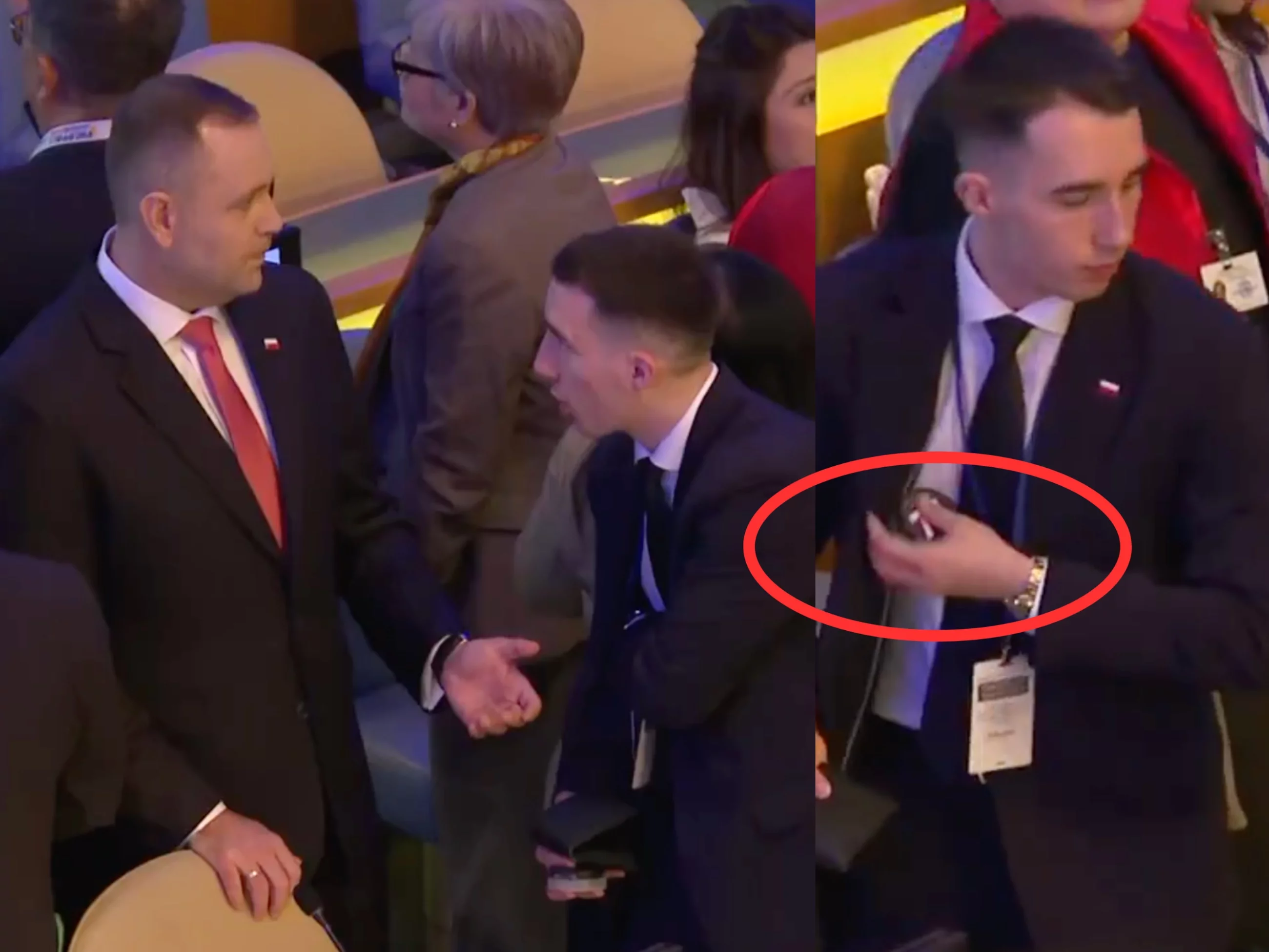 Asystent prezydenta RP Jakub Nadstawny podający woreczki nikotynowe głowie państwa