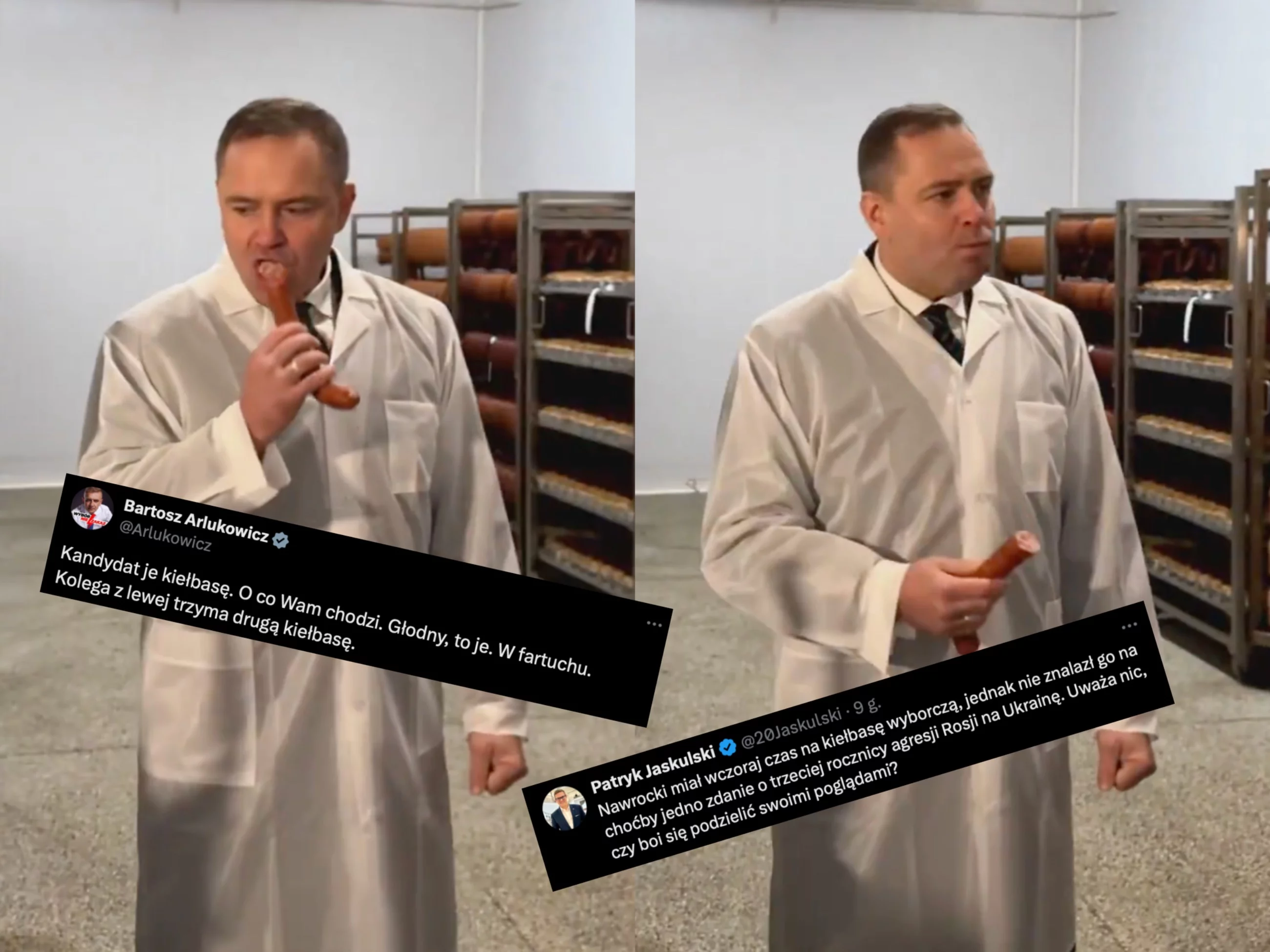 Karol Nawrocki je kiełbasę w zakładach mięsnych w Krzeszycach