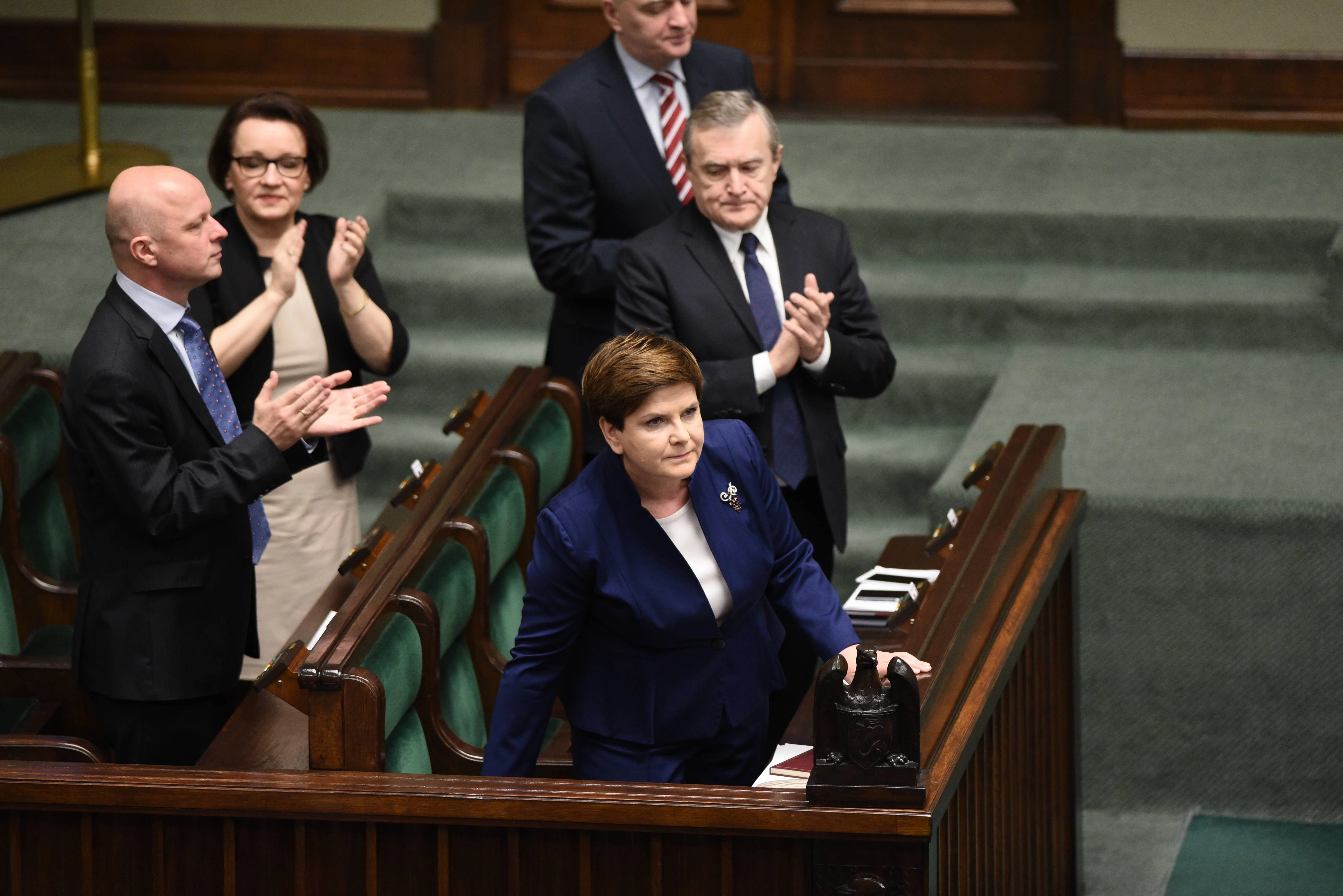 Premier Beata Szydło, wicepremier Piotr Gliński, po lewej: minister finansów Paweł Szałamacha i minister edukacji Anna Zalewska