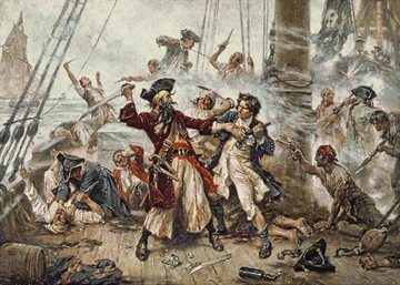 Obraz przedstawiający walkę pomiędzy piratem Czarnobrodym a porucznikiem Maynardem w zatoce Ocracoke