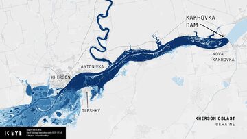 Obwód chersoński podczas powodzi, na podstawie analizy przeprowadzonej przez ICEYE
