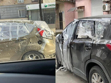 Ostrzelane samochody, którymi próbowano uciec z Mariupola