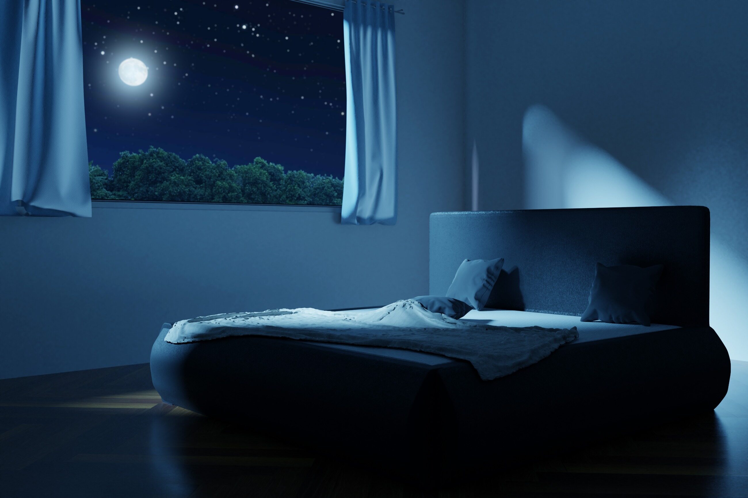 Луна светит в комнату. Комната с кроватью ночью. Спальня ночью. Лунный свет в комнате. Тёмная комната с краватью.