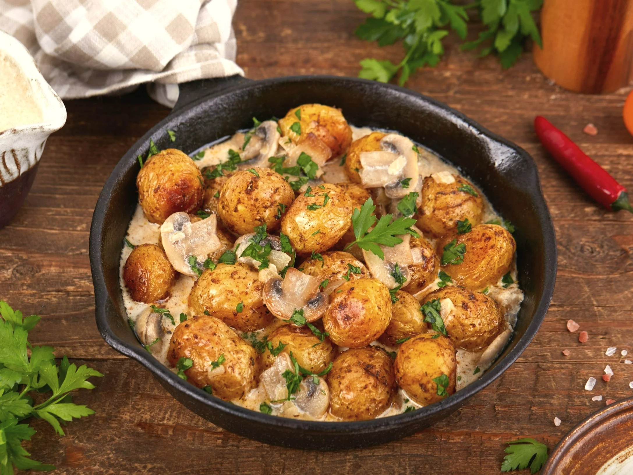 Pieczone wczesne ziemniaczki z sosem pieczarkowym