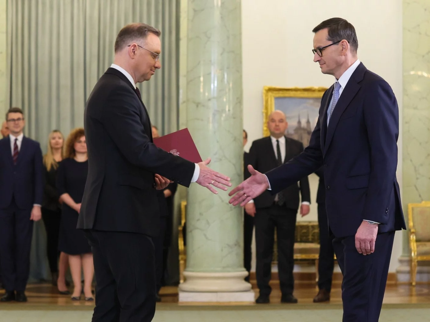 Andrzej Duda i Mateusz Morawiecki podczas uroczystości w Pałacu Prezydenckim