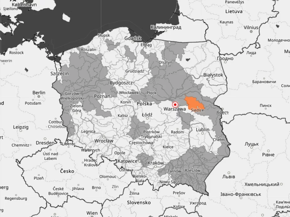 Aktualne ostrzeżenia hydrologiczne od IMGW. Na pomarańczowo – liwiecka zlewnia.