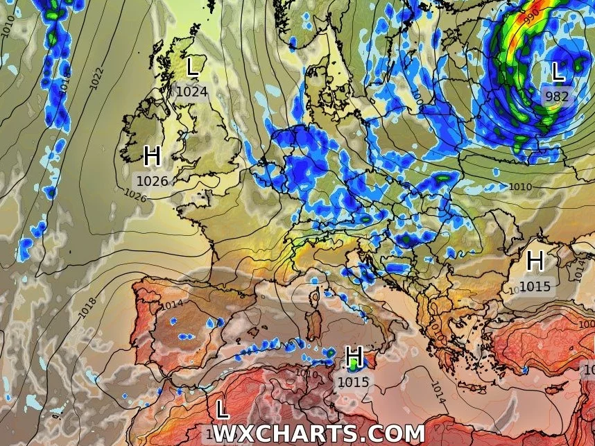 Mapa pogodowa na poniedziałek. Prognoza na godzinę 12:00.