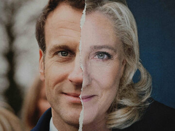 Połączone twarze Emmanuela Macrona i Marine Le Pen