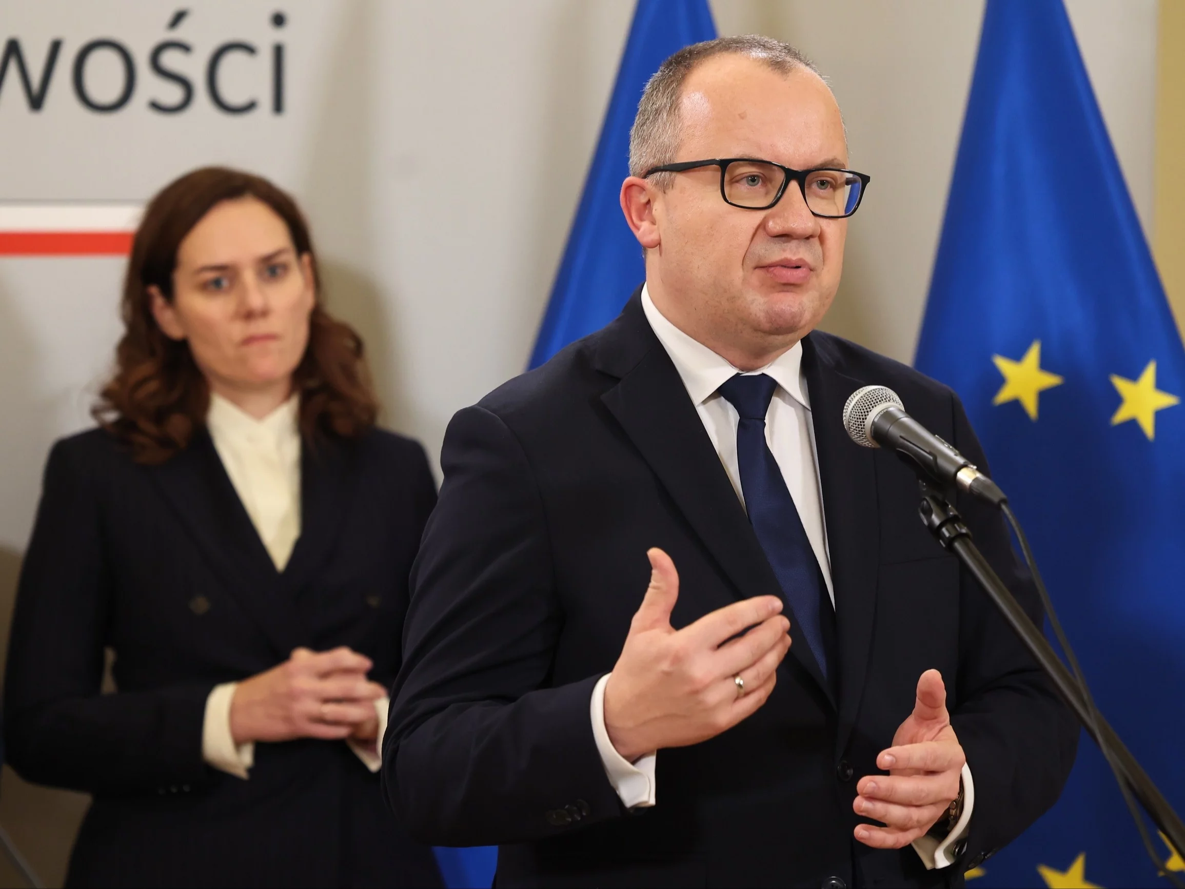 Minister sprawiedliwości, prokurator generalny Adam Bodnar podczas briefingu prasowego i prezentacji kierownictwa Ministerstwa Sprawiedliwości