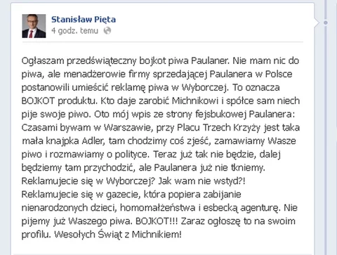 Wpis posła Pięty na Facebooku (fot. Facebook)