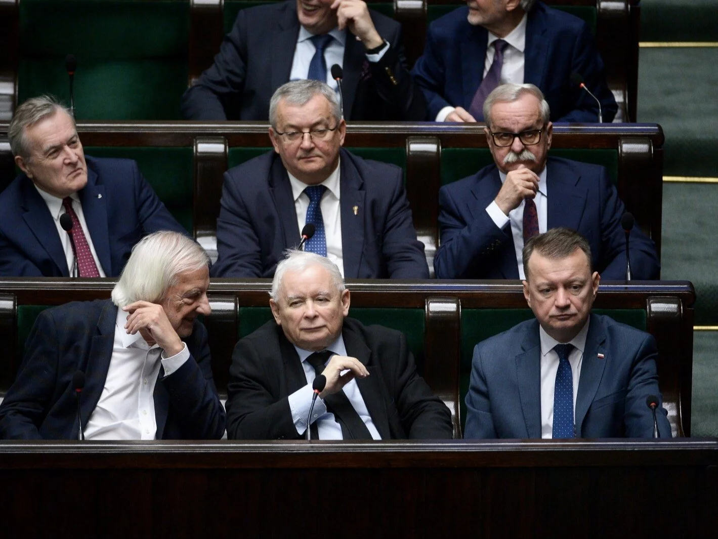 Politycy PiS w Sejmie, od lewej Ryszard Terlecki, Jarosław Kaczyński i Mariusz Błaszczak