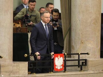 Prezydent RP Andrzej Duda na sali obrad Sejmu w Warszawie
