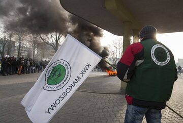 Protest górników z kopalni Makoszowy pod siedziba Spółki Restrukturyzacji Kopalń w Bytomiu .