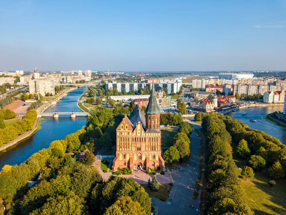 Widok na centrum Królewca. Pośrodku widoczna katedra