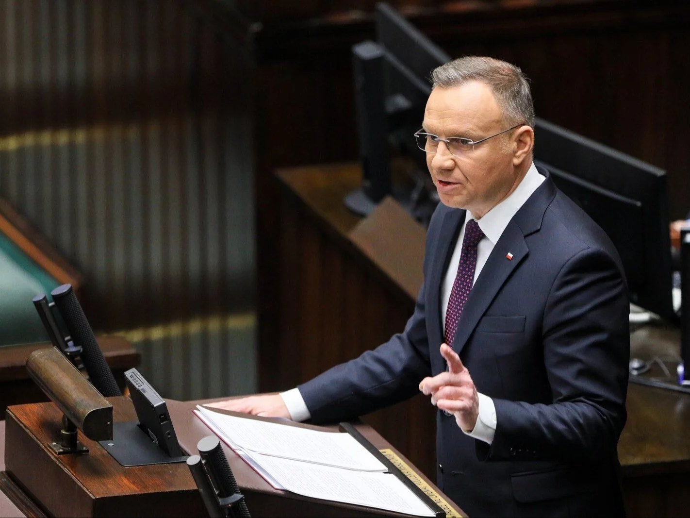 Prezydent Andrzej Duda przemawia podczas pierwszego posiedzenia Sejmu X kadencji