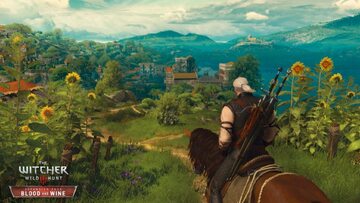 Screen z gry Wiedźmin 3. Geralt na koniu