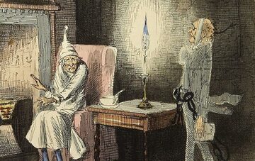Scrooge odwiedzany przez ducha Marleya. Ilustracja Johna Leecha z pierwszego wydania „Opowieści wigilijnej”