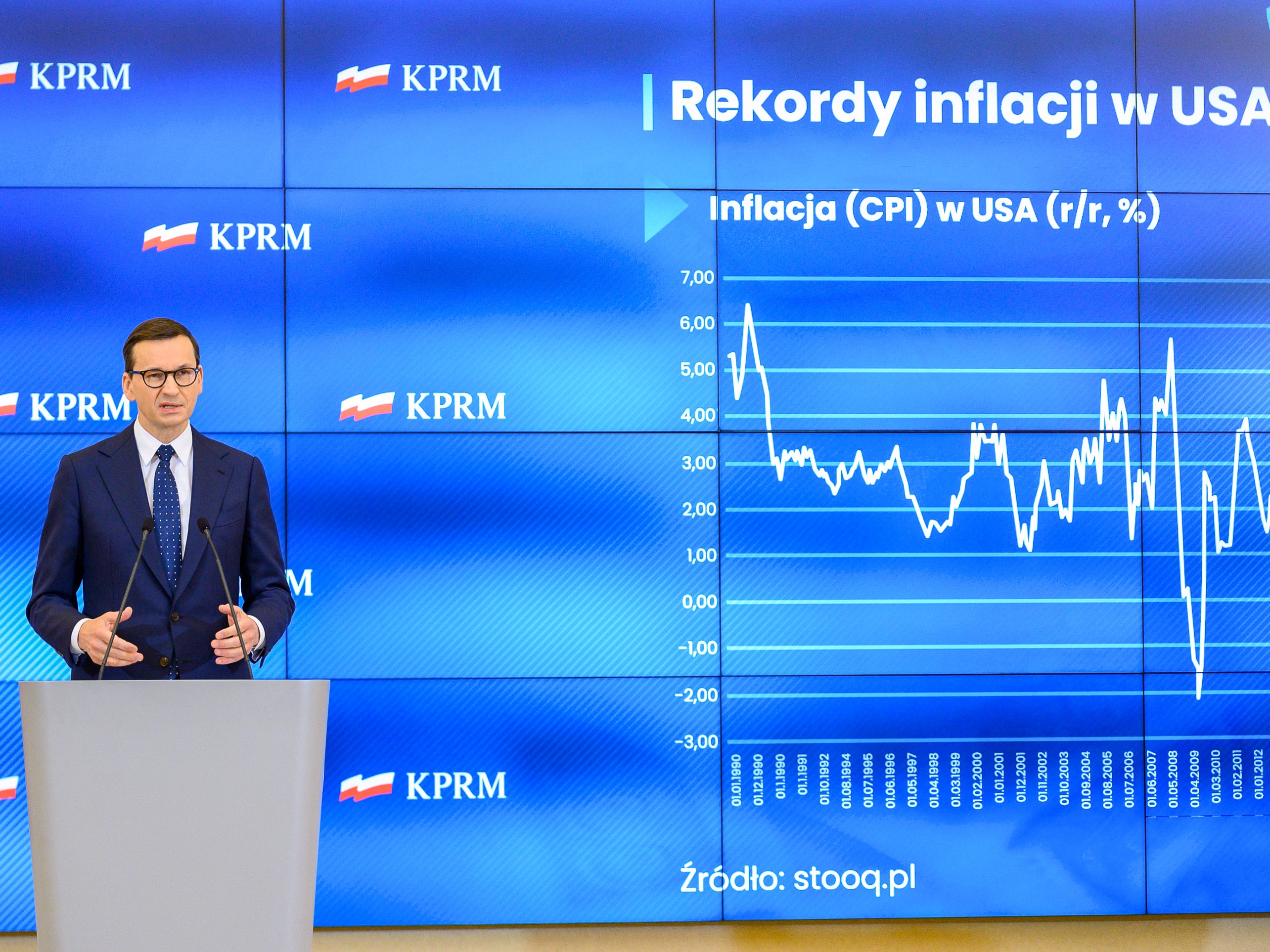 Mateusz Morawiecki prezentujący tarczę antyinflacyjną