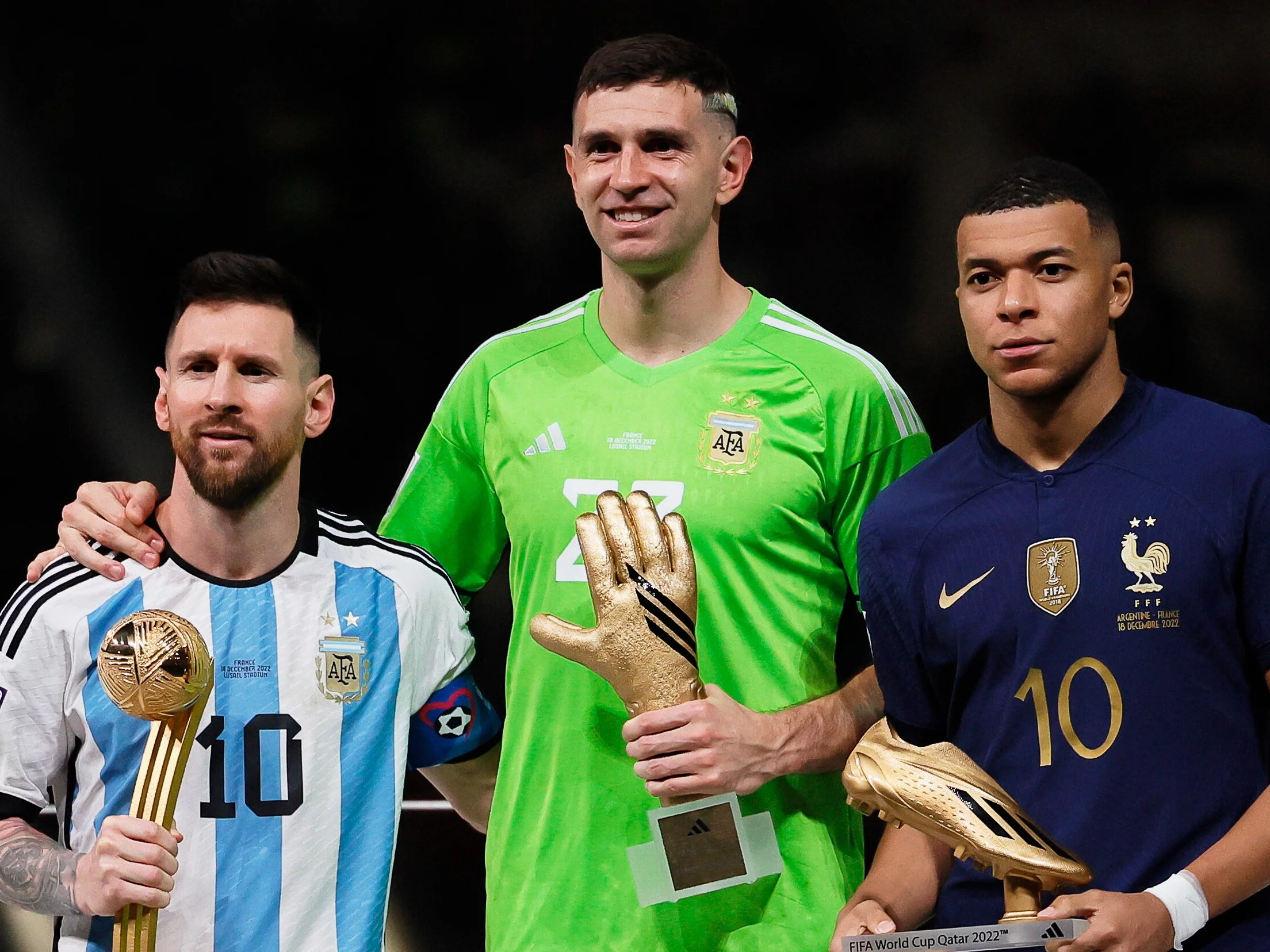 Leo Messi, Emiliano Martinez, Kylian Mbappe