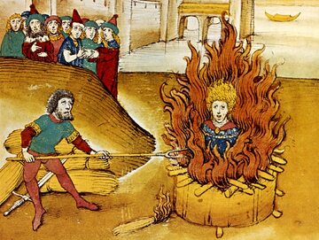 Spalenie Jana Husa na stosie w Konstancji, miniatura z kroniki z końca XV w.