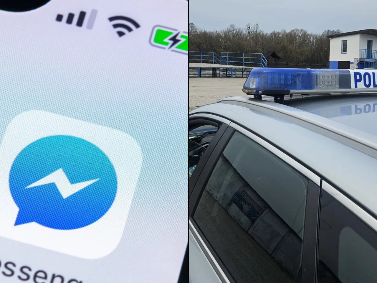 Ikona aplikacji Messenger i policyjny radiowóz