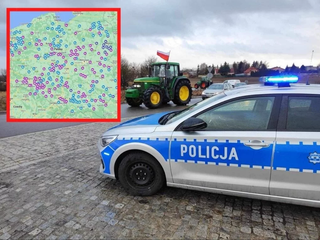 Policja zabezpieczająca strajk rolników i mapa