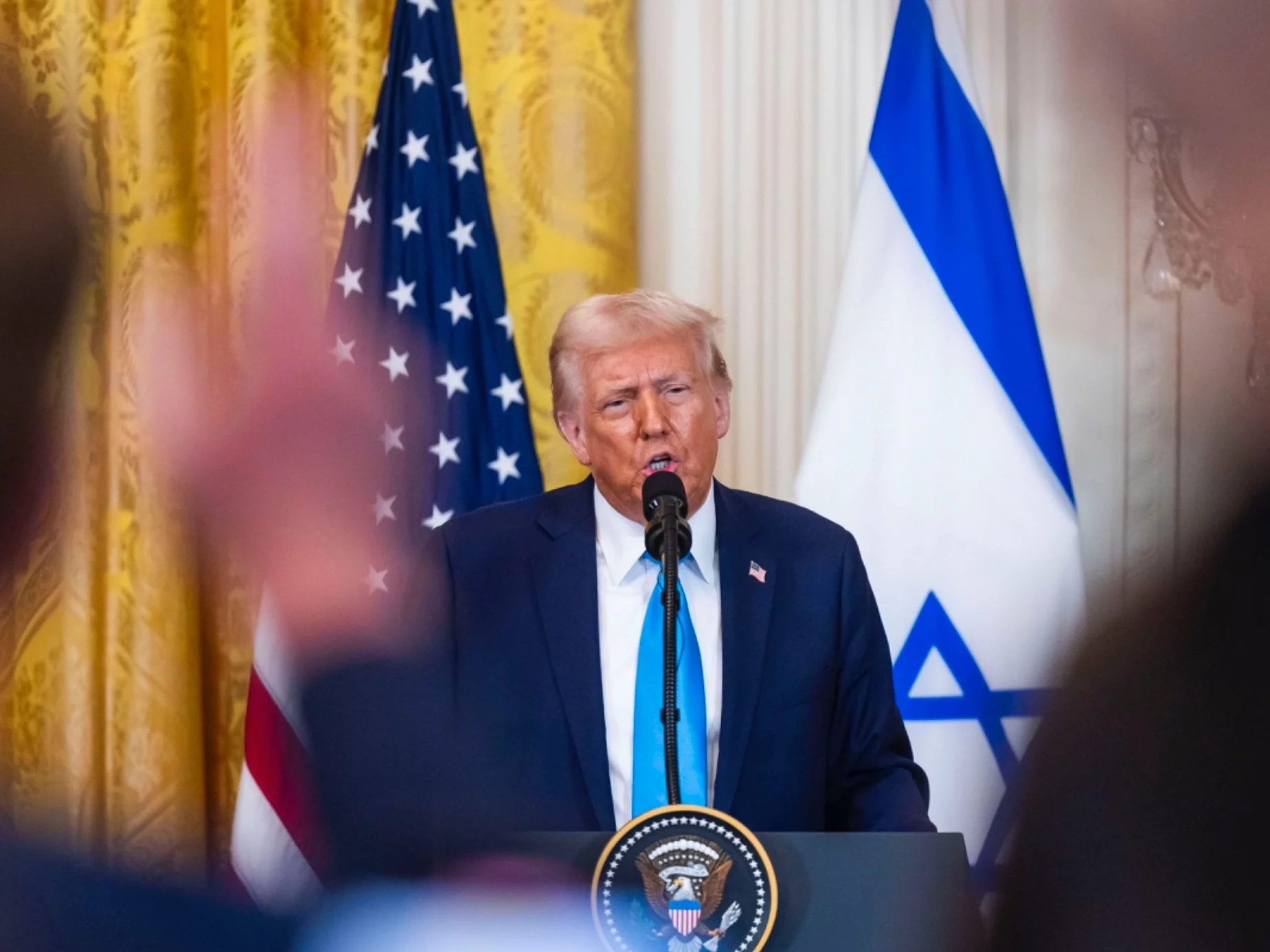 Prezydent Stanów Zjednoczonych Donald Trump podczas wspólnej konferencji prasowej z premierem Izraela Benjaminem Netanjahu