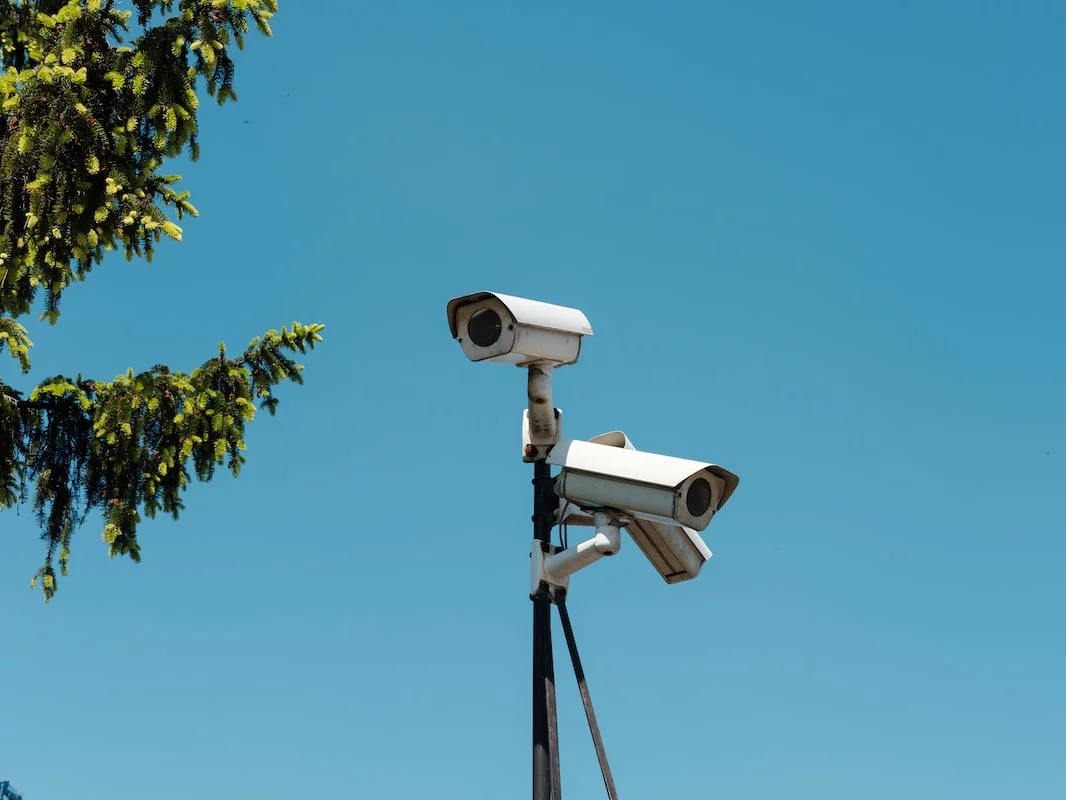 Surveillance camera, security, CCTV, blue sky