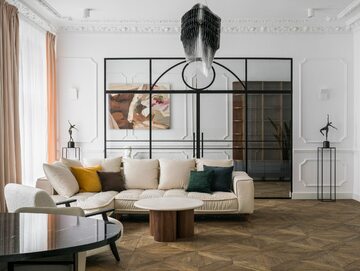 Szklana ścianka oddzielająca salon od gabinetu, projekt Piotr Łucyan z pracowni Art'Up Interiors