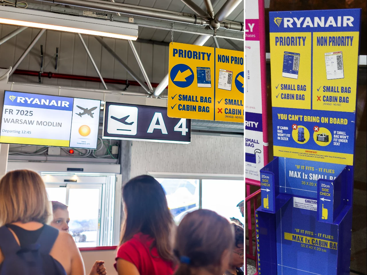 Pasażerowie odlatujący do Modlina, miarka do bagażu Ryanair